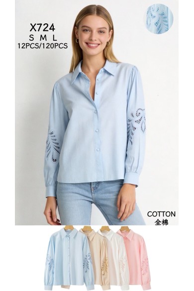 CAMISA MUJER ALGODON MANGA LARGA CON CALADO VARIOS COLORES DBT-X724
