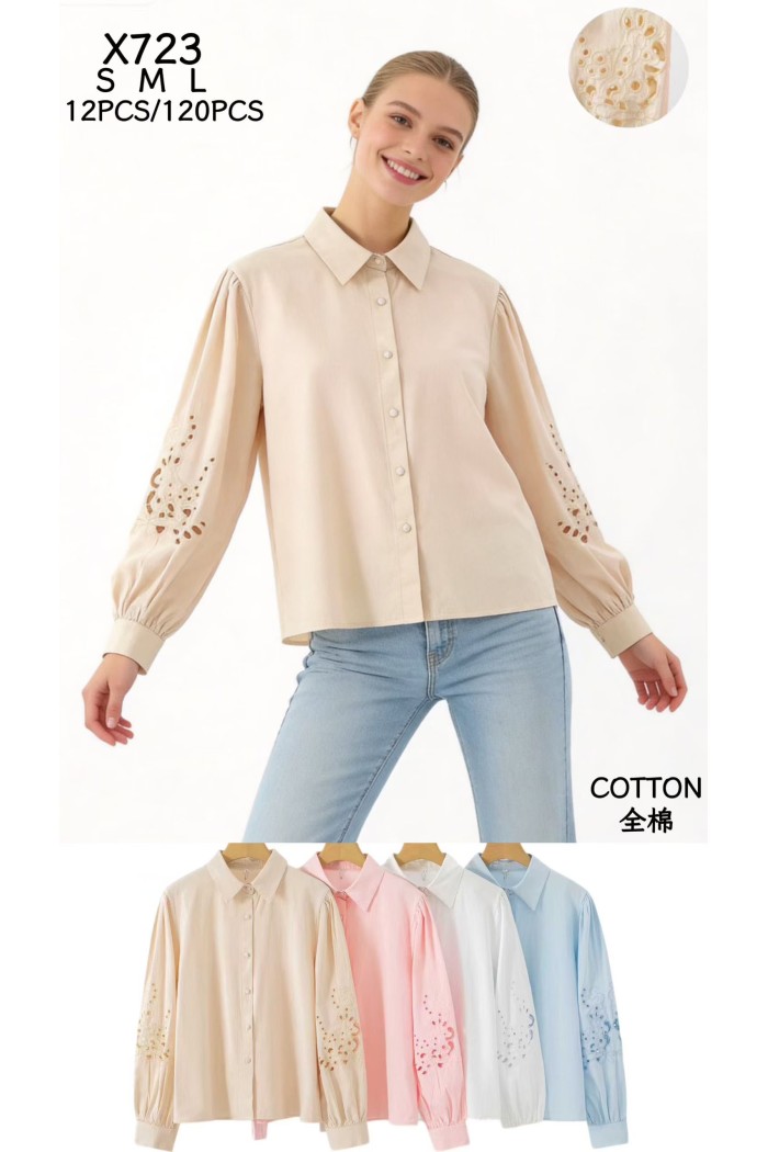 CAMISA MUJER MANGA LARGA BORDADO CALADO ALGODON DBT-X723