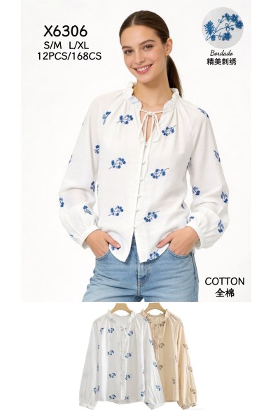 BLUSA MUJER ALGODON BORDADO FLORAL CUELLO FRUNCIDO DBT-X726