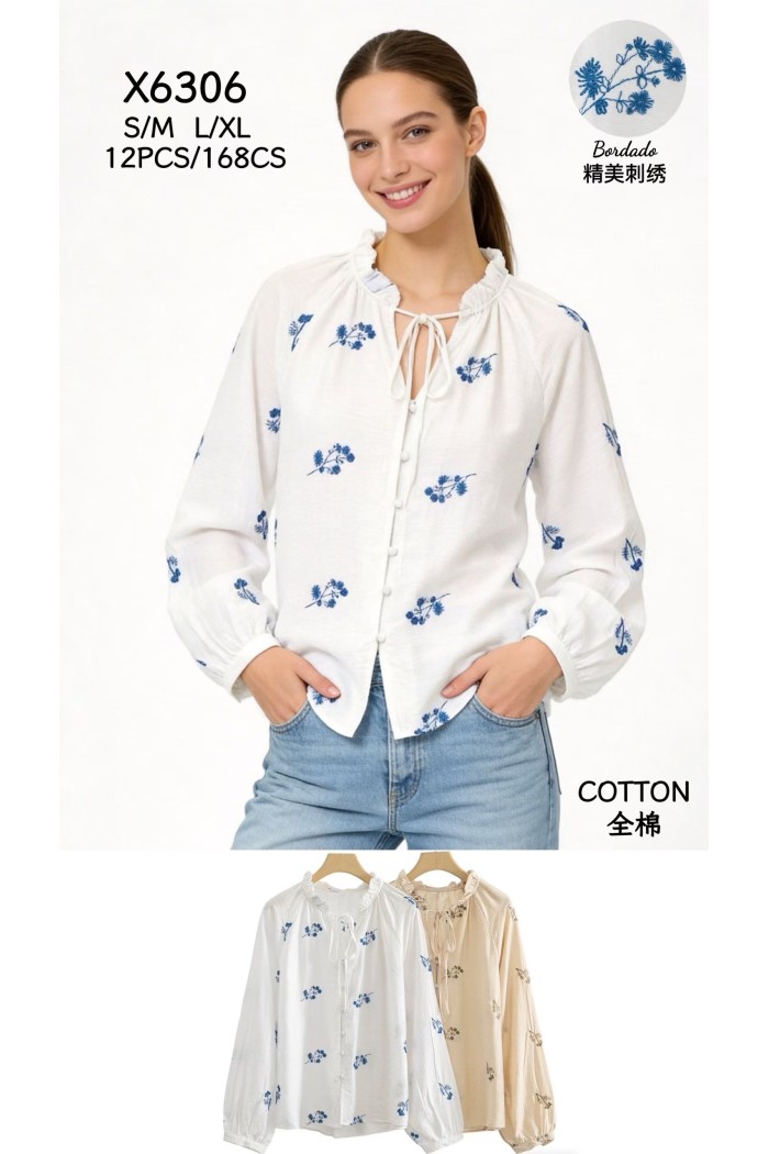 BLUSA MUJER ALGODON BORDADO FLORAL CUELLO FRUNCIDO DBT-X726