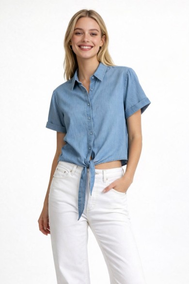 BLUSA MUJER MANGA CORTA CON NUDO DELANTERO ESTILO CASUAL DBT-2032