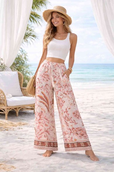 PANTALÓN MUJER ANCHO ESTAMPADO BOHO FLORES CINTURA ELÁSTICA VERANO PLAYA VARIOS COLORES TY-H2508