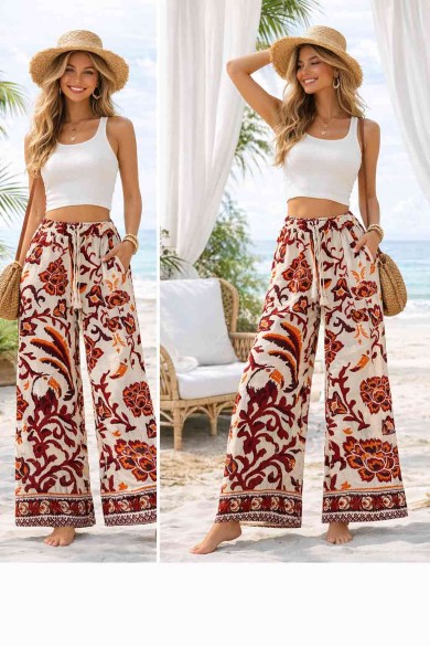 PANTALÓN MUJER ANCHO ESTAMPADO BOHO FLORES CINTURA ELÁSTICA VERANO PLAYA RED BROWN TY-H2508