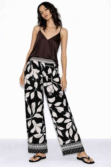 PANTALÓN MUJER ANCHO ESTAMPADO HOJAS CINTURA ELÁSTICA VERANO BOHO VARIOS COLORES TY-H2502