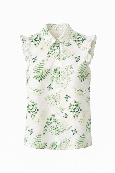 BLUSA MUJER SIN MANGAS ESTAMPADO FLORES Y HOJAS CUELLO CAMISA VERANO DBT-X6284