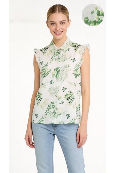 BLUSA MUJER SIN MANGAS ESTAMPADO FLORES Y HOJAS CUELLO CAMISA VERANO DBT-X6284