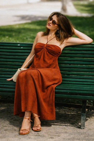 VESTIDO LARGO MUJER HALTER ESCOTE FRUNCIDO FLUIDO VERANO ELEGANTE FBZMR22452