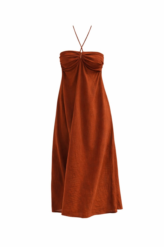 VESTIDO LARGO MUJER HALTER ESCOTE FRUNCIDO FLUIDO VERANO ELEGANTE FBZMR22452