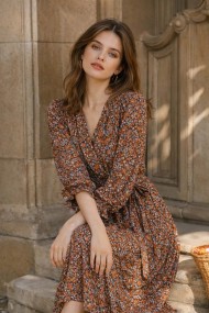 VESTIDO MIDI MUJER ESTAMPADO FLORAL MANGA LARGA CINTURA AJUSTABLE ELEGANTE FBZMR8782