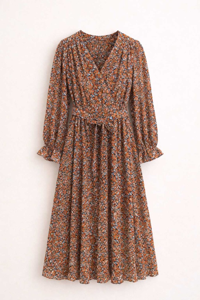 VESTIDO MIDI MUJER ESTAMPADO FLORAL MANGA LARGA CINTURA AJUSTABLE ELEGANTE FBZMR8782