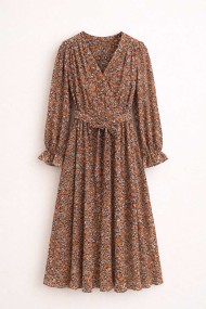 VESTIDO MIDI MUJER ESTAMPADO FLORAL MANGA LARGA CINTURA AJUSTABLE ELEGANTE FBZMR8782