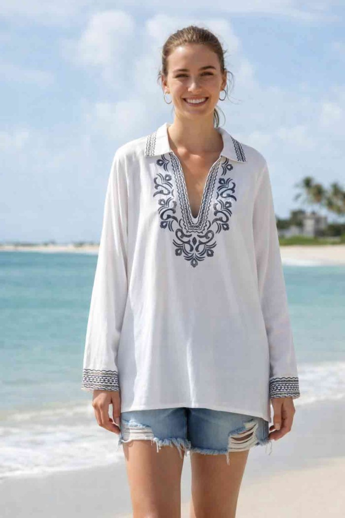 BLUSA MUJER BORDADO ESCOTE V MANGA LARGA ESTILO BOHO DD-1D2052