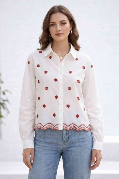 BLUSA MUJER BORDADO FLORES MANGA LARGA CUELLO CAMISERO DD-1D2107