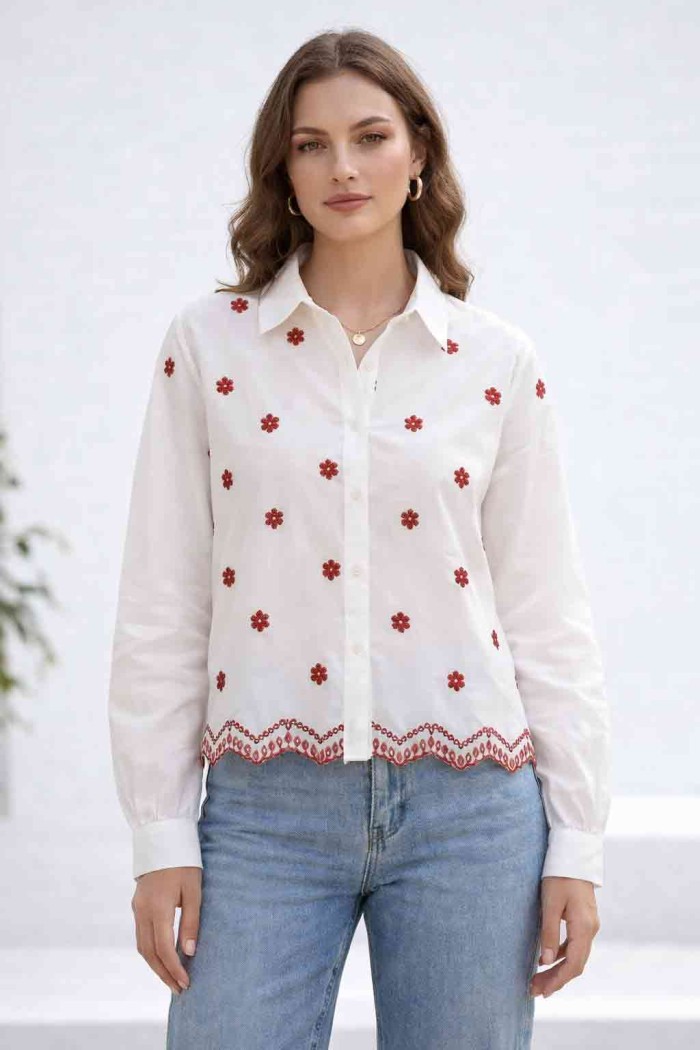 BLUSA MUJER BORDADO FLORES MANGA LARGA CUELLO CAMISERO DD-1D2107