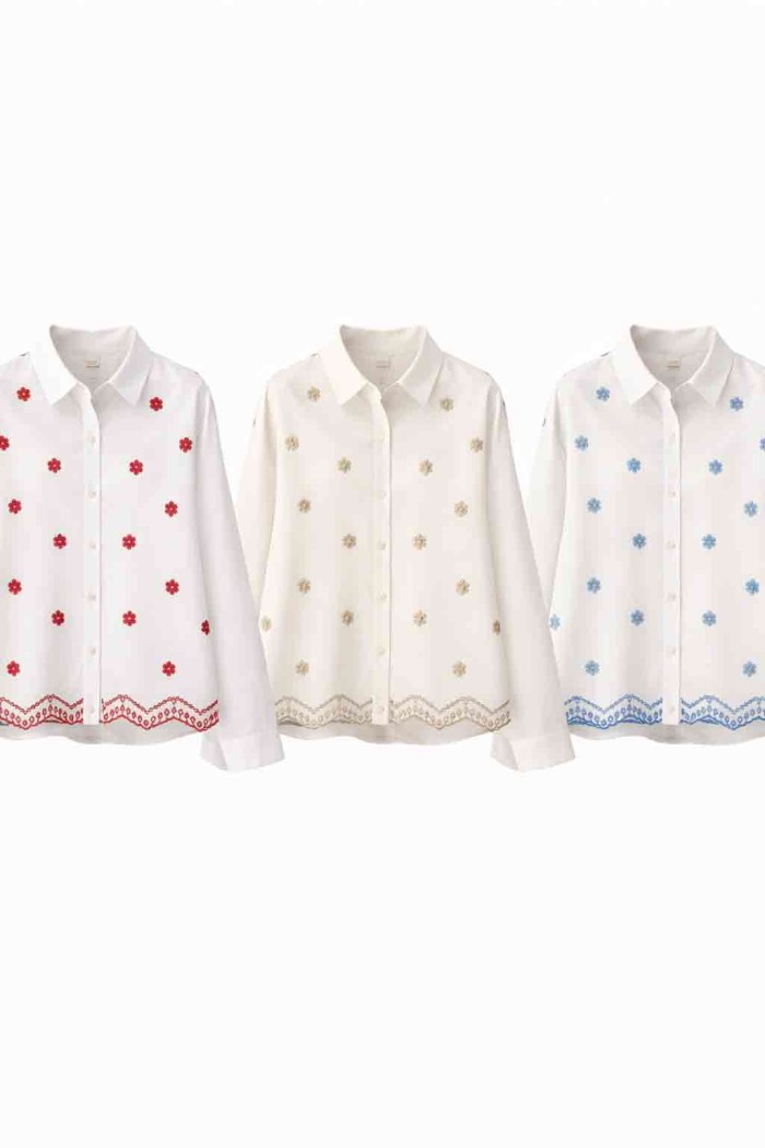 BLUSA MUJER BORDADO FLORES MANGA LARGA CUELLO CAMISERO DD-1D2107