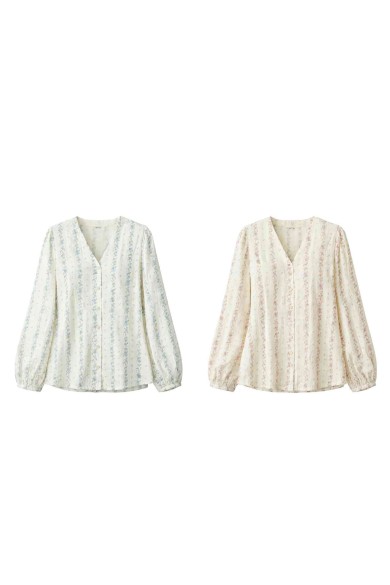 BLUSA MUJER ESCOTE V MANGA LARGA ESTAMPADO FLORES ESTILO CASUAL DD-1D2039