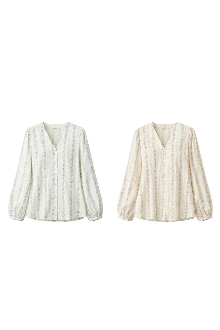 BLUSA MUJER ESCOTE V MANGA LARGA ESTAMPADO FLORES ESTILO CASUAL DD-1D2039
