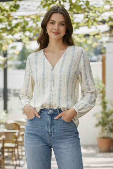 BLUSA MUJER ESCOTE V MANGA LARGA ESTAMPADO FLORES ESTILO CASUAL DD-1D2039