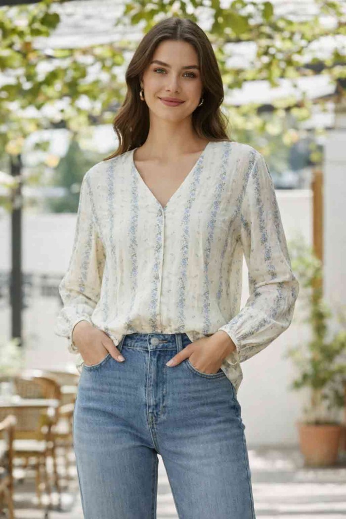 BLUSA MUJER ESCOTE V MANGA LARGA ESTAMPADO FLORES ESTILO CASUAL DD-1D2039