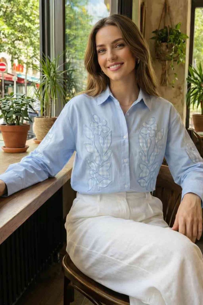 BLUSA MUJER BORDADA MANGA LARGA CUELLO CAMISA ESTILO ELEGANTE DD-1D2053