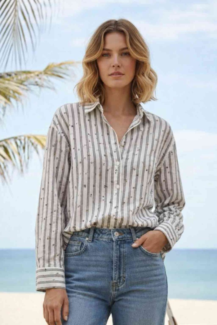 BLUSA MUJER RAYAS MANGA LARGA CUELLO CAMISA ESTILO CASUAL DD-1D2042