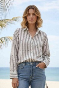 BLUSA MUJER RAYAS MANGA LARGA CUELLO CAMISA ESTILO CASUAL DD-1D2042