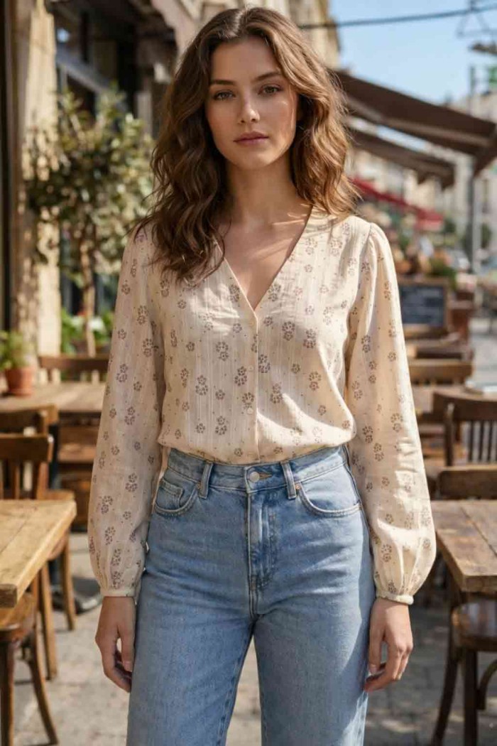 BLUSA MUJER ESTAMPADO FLORES MANGA LARGA CUELLO V ESTILO CASUAL DD-1D2040