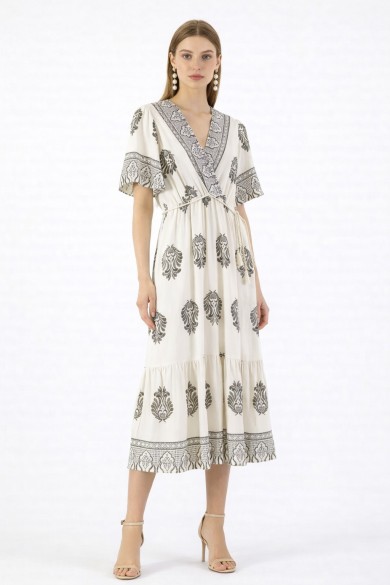 VESTIDO MIDI DE LINO CON ESTAMPADO Y ESCOTE V DBT-X5953