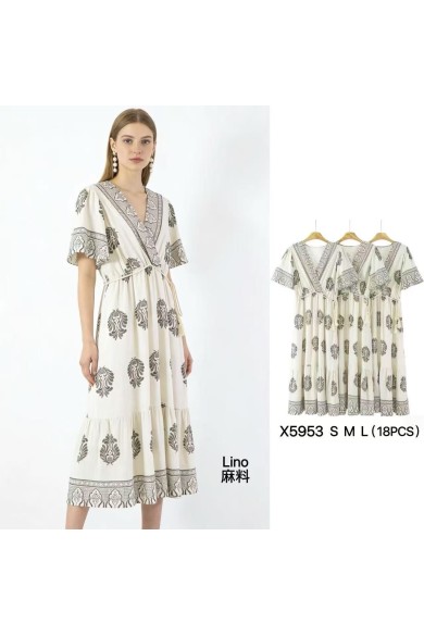 VESTIDO MIDI DE LINO CON ESTAMPADO Y ESCOTE V DBT-X5953