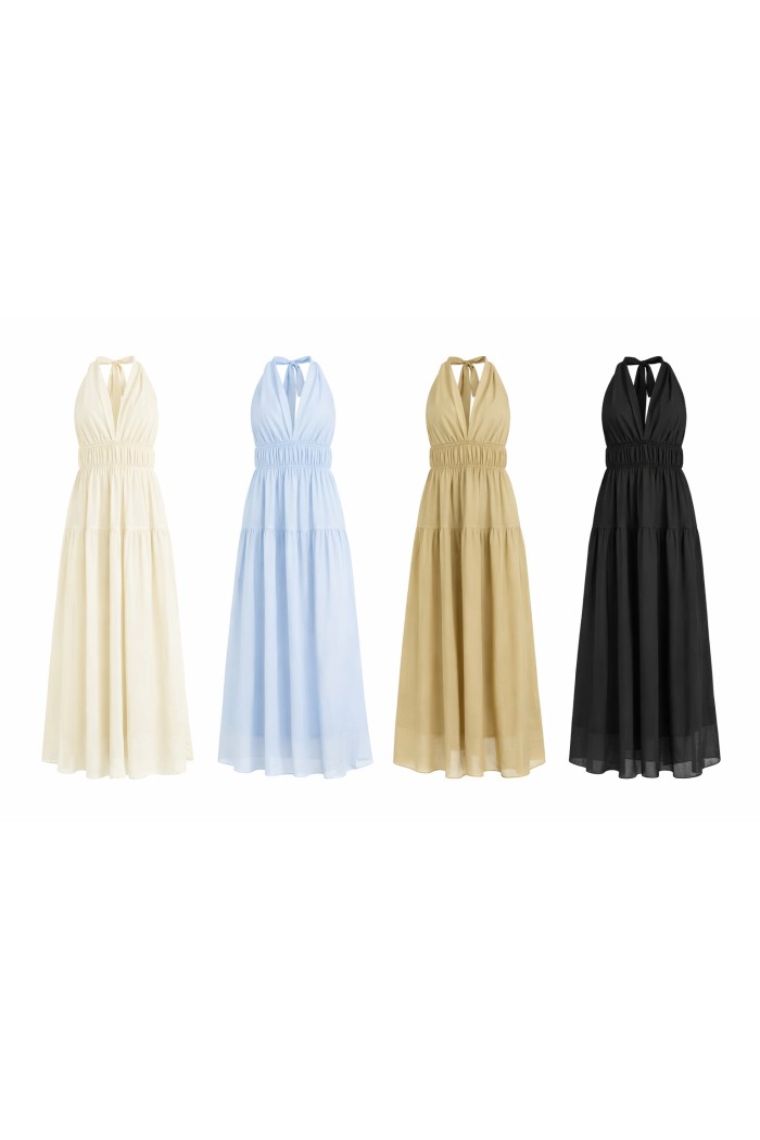 VESTIDO LARGO HALTER CON ESCOTE EN V DBT-M2616