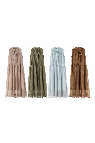 VESTIDO MIDI SIN MANGAS CON LAZO EN CUELLO Y TEJIDO PLISADO DBT-M2632