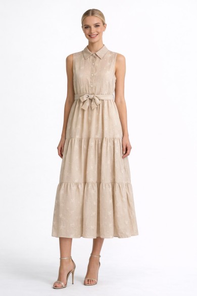 VESTIDO MIDI SIN MANGAS CON BORDADO Y CINTURÓN DBT-X5930
