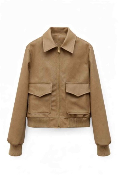 CHAQUETA CORTA EFECTO PIEL CON CREMALLERA TY-M9307 CAMEL