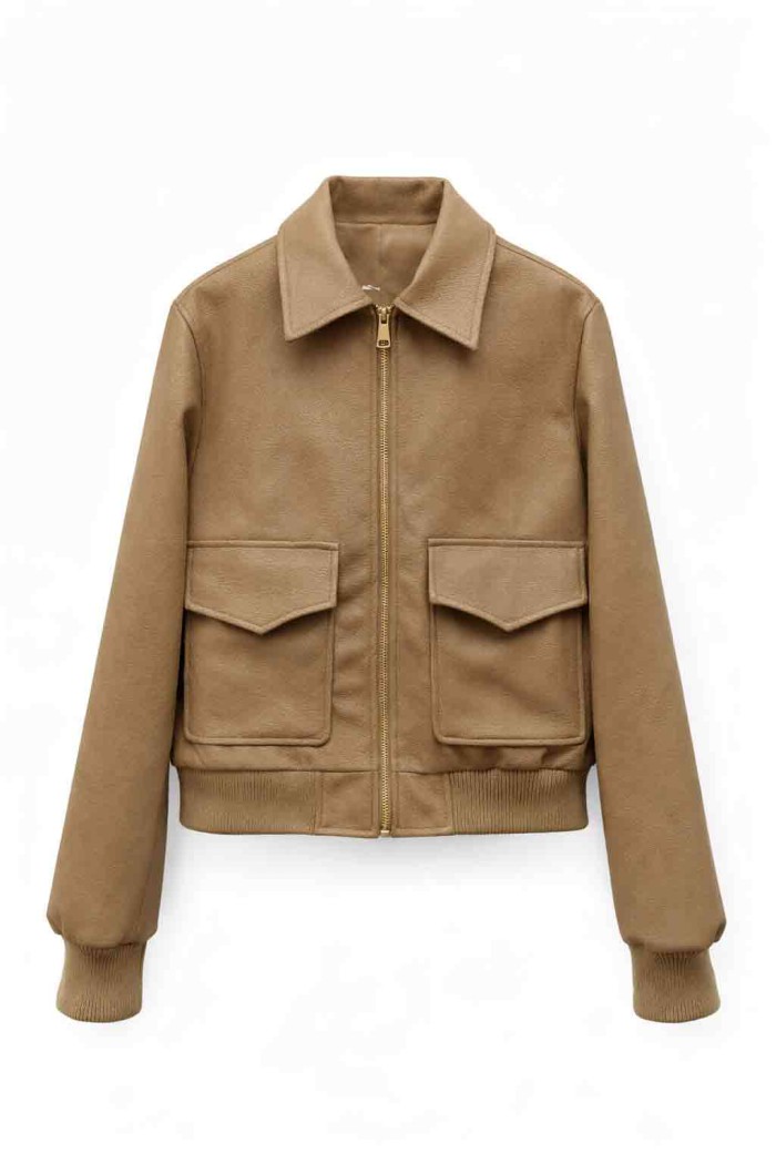 CHAQUETA CORTA EFECTO PIEL CON CREMALLERA TY-M9307 CAMEL