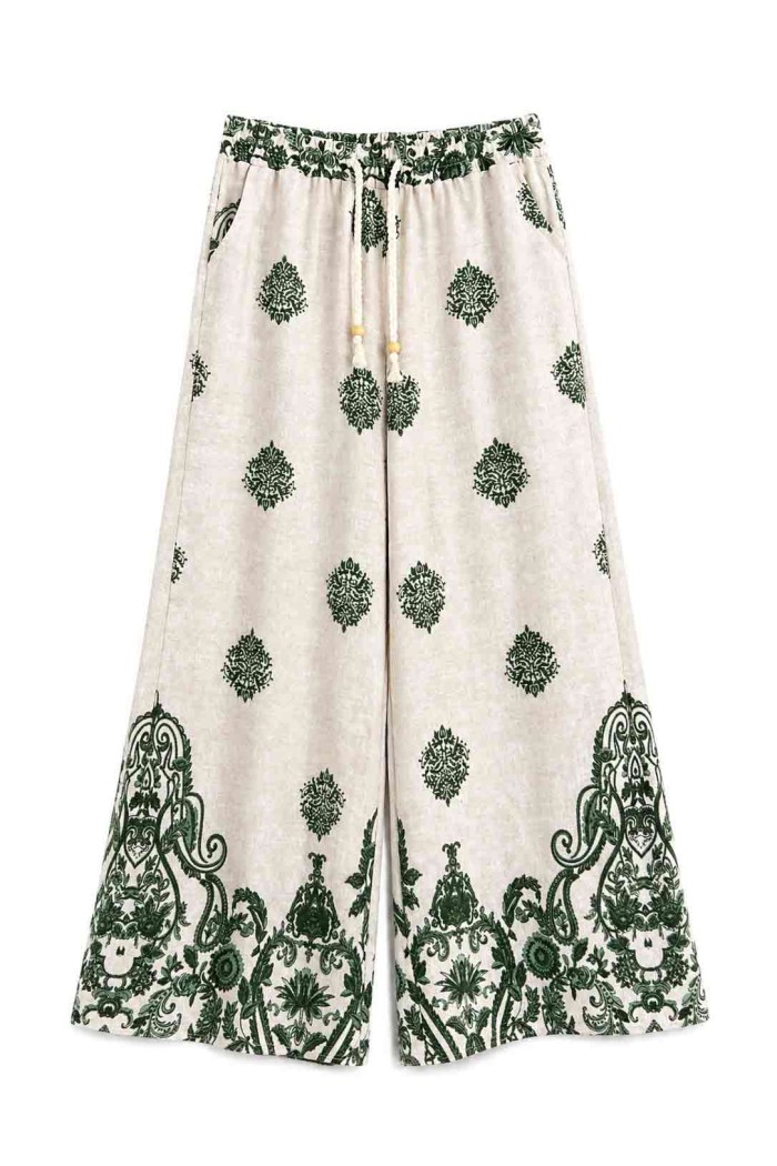 PANTALÓN PALAZZO ESTAMPADO CON CINTURA ELÁSTICA Y CORDÓN TY-H2510 VERDE