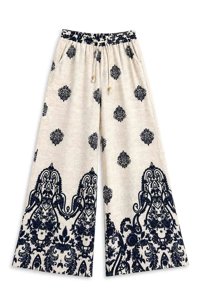 PANTALÓN PALAZZO ESTAMPADO CON CINTURA ELÁSTICA Y CORDÓN TY-H2510 AZUL MARINO