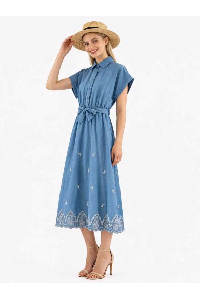 VESTIDO CAMISERO BORDADO CON CINTURÓN DBT-X5704