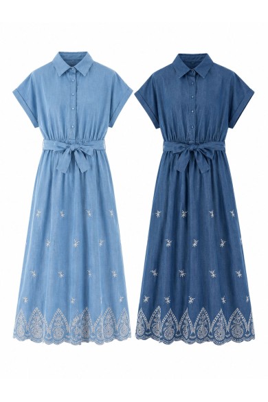 VESTIDO CAMISERO BORDADO CON CINTURÓN DBT-X5704