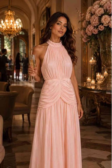 VESTIDO LARGO HALTER PLISADO SATINADO FBZMA1713