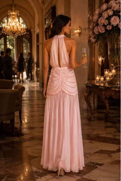VESTIDO LARGO HALTER PLISADO SATINADO FBZMA1713
