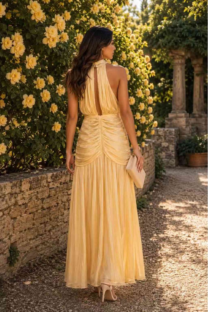 VESTIDO LARGO HALTER PLISADO SATINADO FBZMA1715