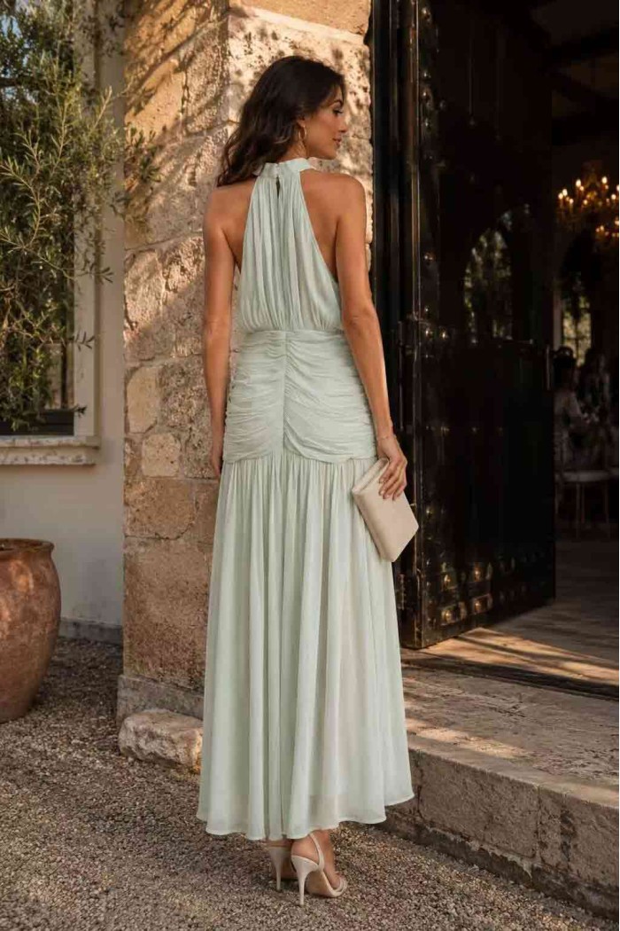 VESTIDO LARGO HALTER PLISADO SATINADO FBZMA1716