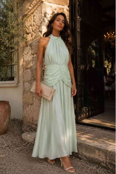 VESTIDO LARGO HALTER PLISADO SATINADO FBZMA1716