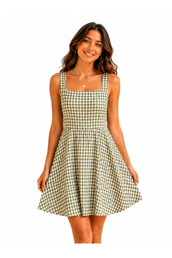 VESTIDO CORTO DE CUADROS VICHY VERDE FBZMR22535