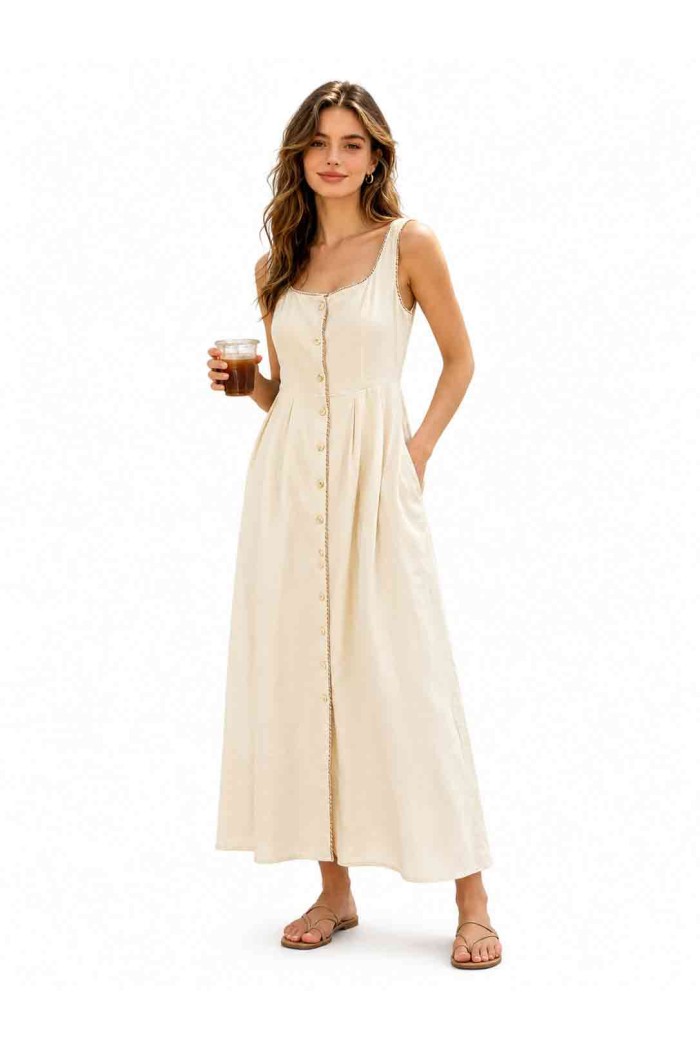 VESTIDO MIDI LISO CON BOTONES Y TIRANTES ANCHOS DD-L4895