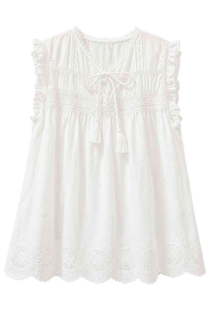 BLUSA BOHO SIN MANGAS CON ENCAJE Y BORLAS TY-M9999