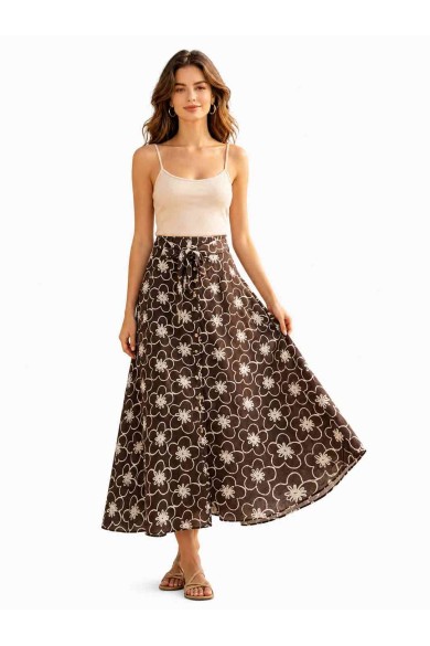 FALDA MIDI ESTAMPADO FLORAL CON BOTONES Y LAZO DD-L4928