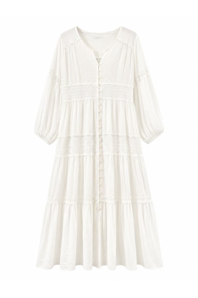 VESTIDO LARGO BOHO CON ENCAJE Y MANGA FRANCESA TY-1131