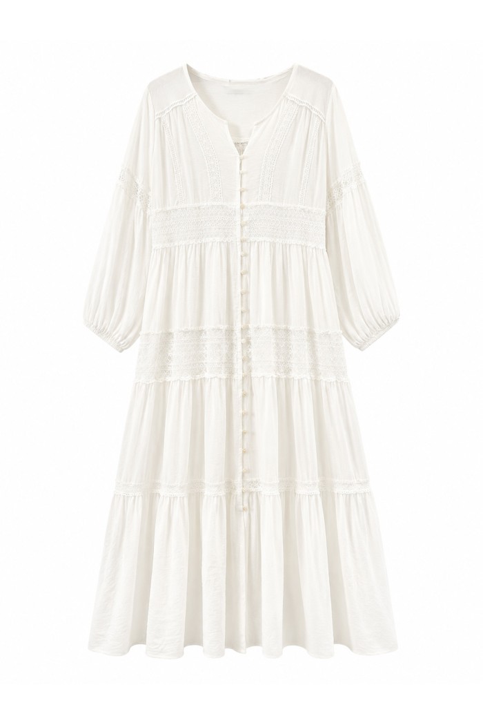 VESTIDO LARGO BOHO CON ENCAJE Y MANGA FRANCESA TY-1131