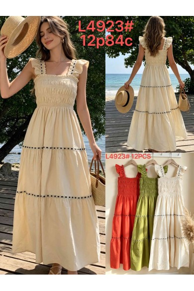 VESTIDO LARGO FRUNCIDO CON VOLANTES Y DETALLE CALADO DD-L4923